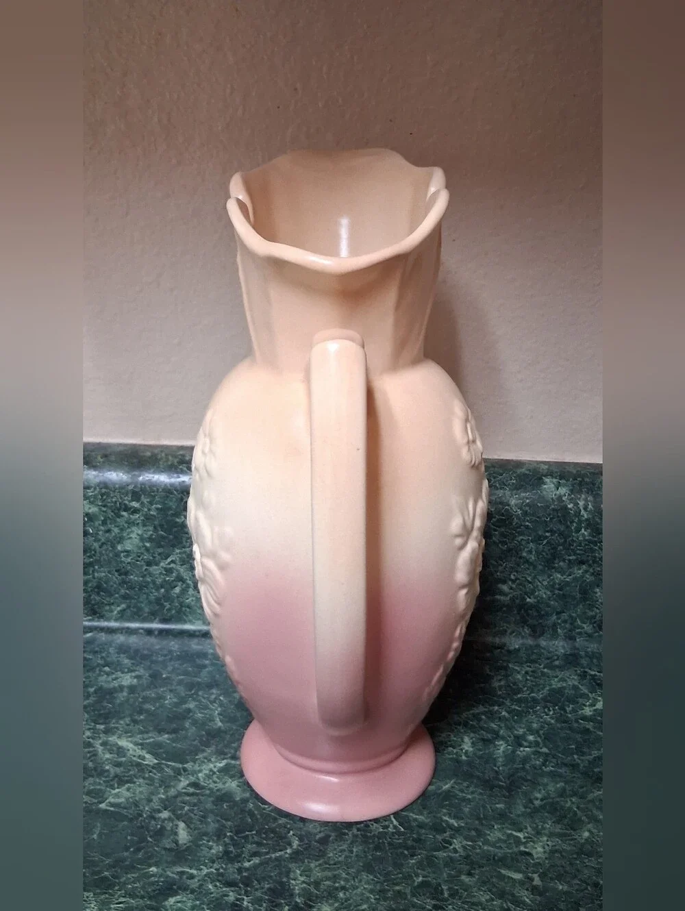 Vintage Hull Art Pottery 1950s Embossed Floral  Pitcher Cream, Pink 66-10